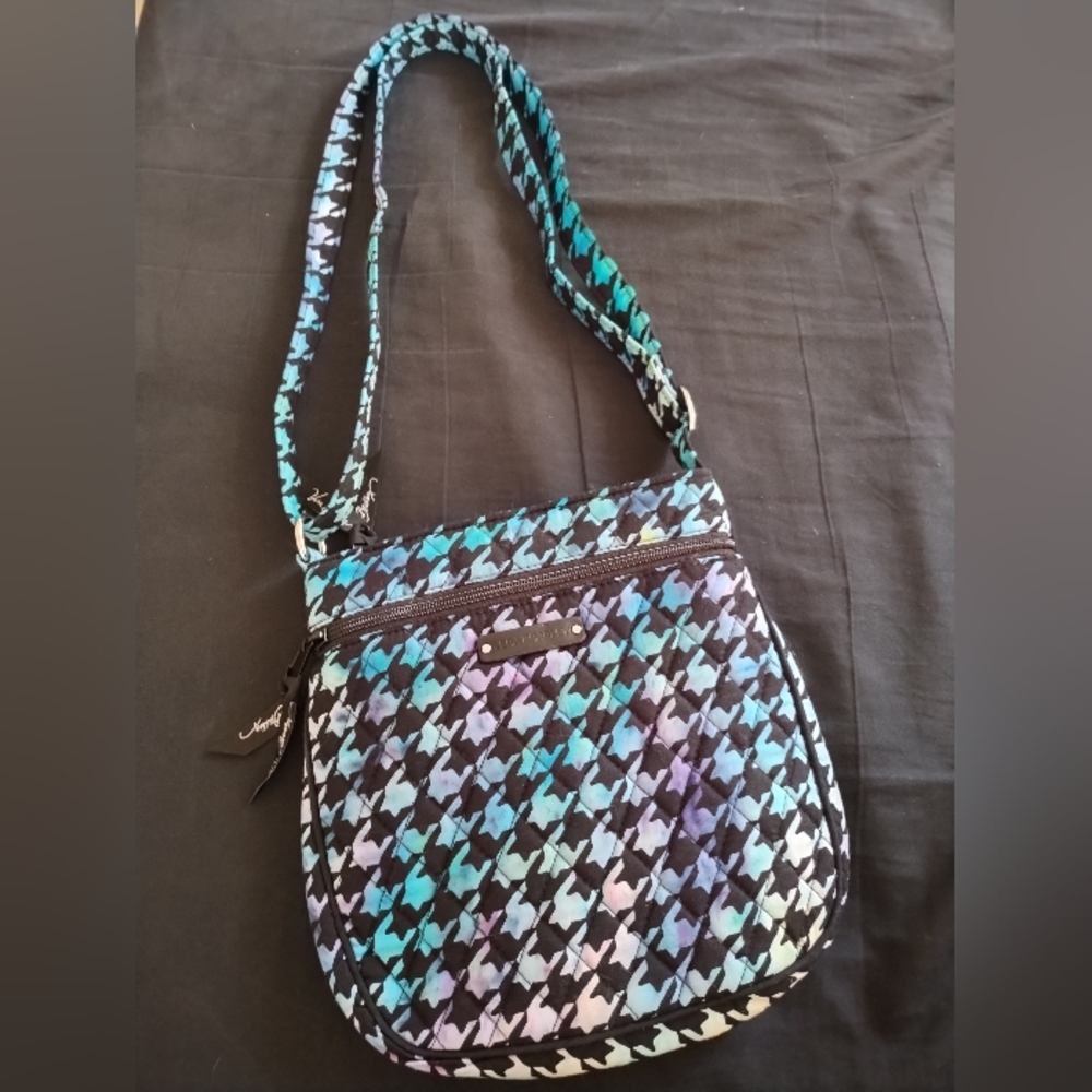 Vera Bradley Upcycled Tie Dye Houndstooth Crossbody Bag. Adj Straps Zips